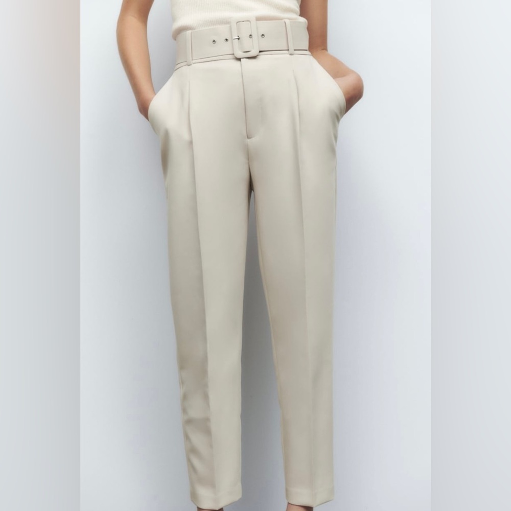 Zara S belted trouser pants cream camel